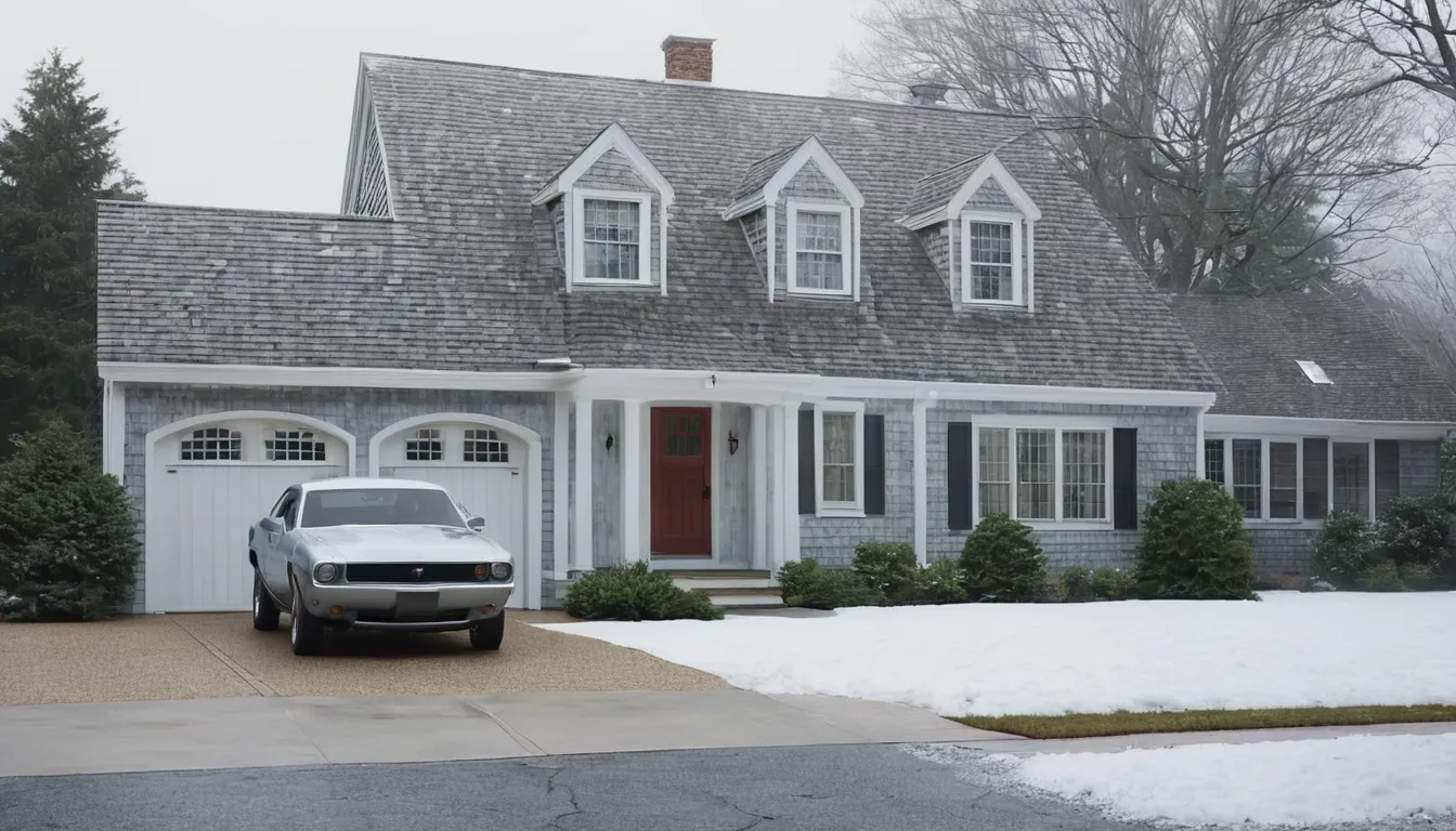 Garage door on a New England style home in Agawam Town with a light dusting of snow